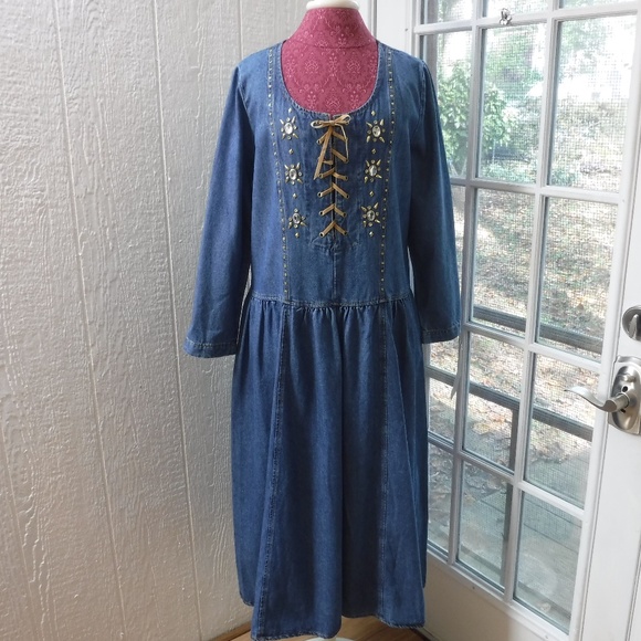 White House Blue Crewneck Long Sleeve Jean Dress - Picture 10 of 11